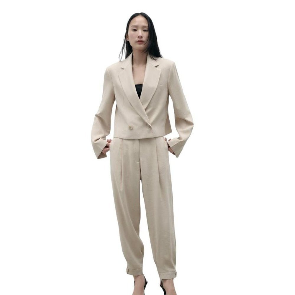 ZARA CROPPED DOUBLE BREASTED BLAZER LIGHT TAN SIZE XS | 2959/810
